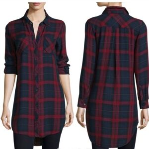 GO Silk Red and Blue Plaid Shirt Dress